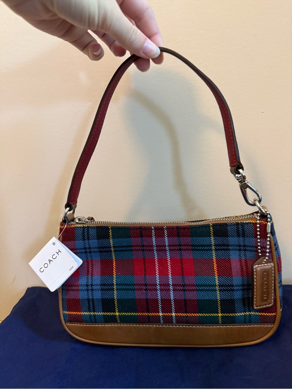 NWT COACH Red & Blue Plaid Top-Zip Shoulder Bag with Brown Trim